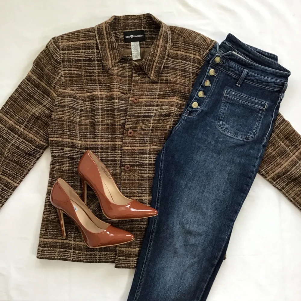 SAG HARBOR Vintage Women Brown Plaid Career Blazer, Size 14 - Picture 2 of 13